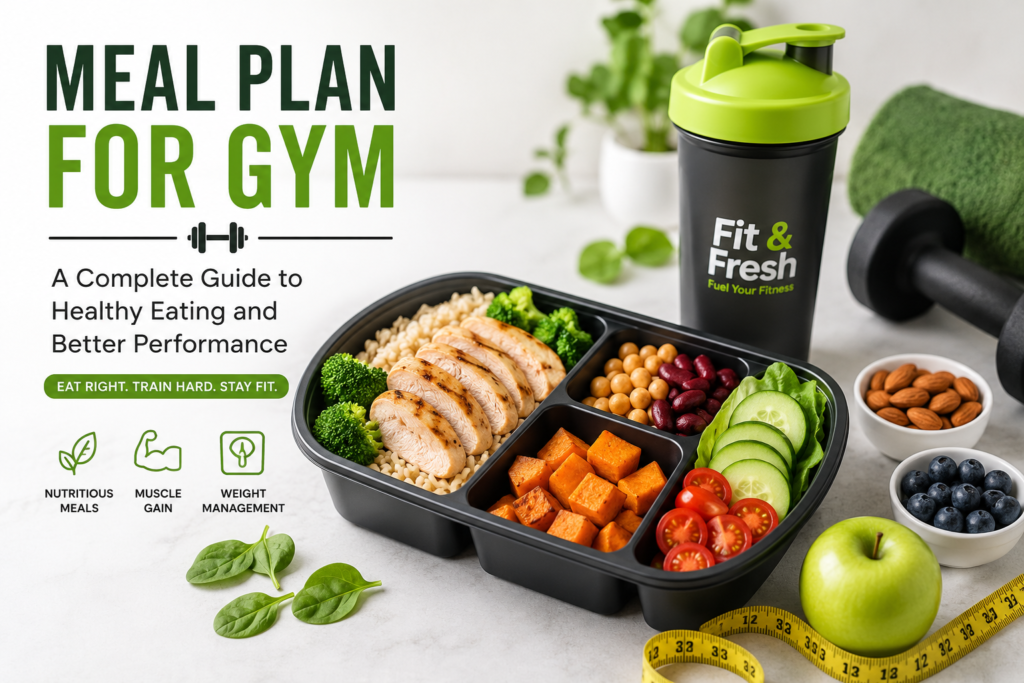 Healthy meal plan for gym with meal prep containers and nutritious foods